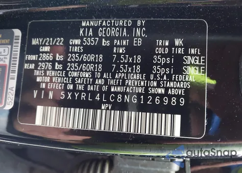 2022 Kia Sorento S z USA, uszkodzony, nr VIN 5XYRL4LC8NG126989